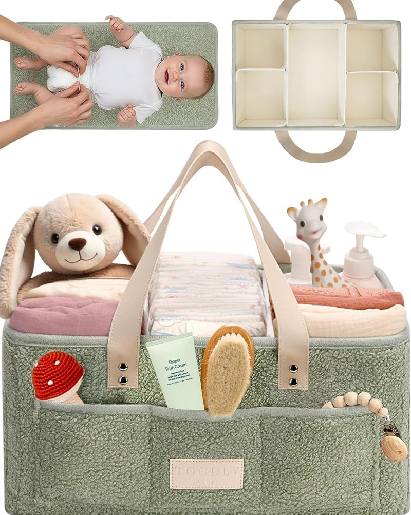 Toodly Baby Diaper Caddy Organizer with Portable Changing Mat - Teddy Fleece Diaper Organizer for Changing Table - Basket for Changing Essentials - Baby Essentials Organizer with Removable Dividers - Image 1